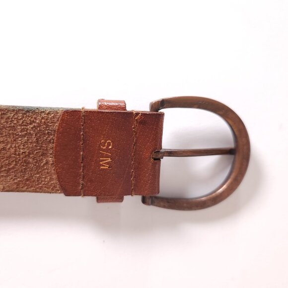 Abercrombie & Fitch Brown Leather Belt Womens S/M Sequins Beads Moose Logo Boho - Picture 8 of 16